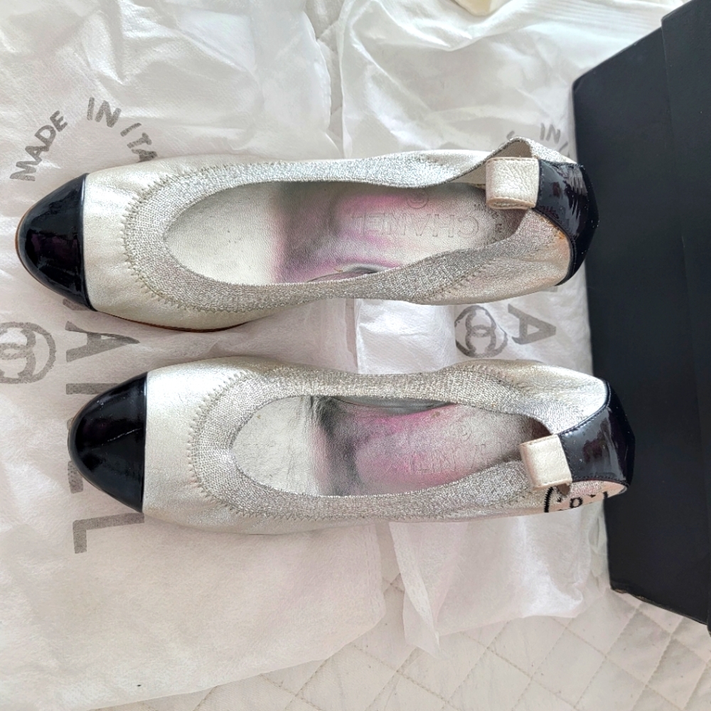 Chanel shoes heels silver and black